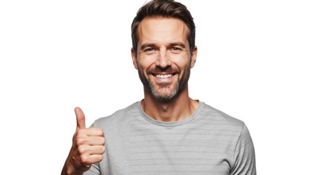 Confident man gives thumbs up gesture on white background conveys approval
