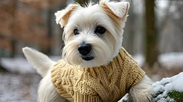 Cute small dog in a cozy sweater exploring a snowy wooded area during winter