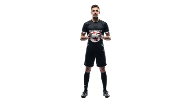 Full-Length portrait of focused soccer player holding ball in studio light