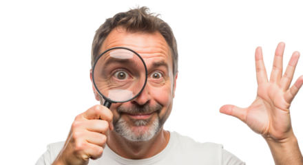 Middle aged man peering through magnifying glass with playful expression