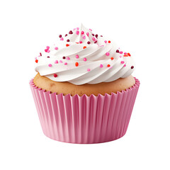 Vanilla Cupcake with White Swirl Frosting and Pink and Orange Sprinkles Isolated