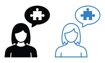 Two figures with puzzle piece thought bubbles representing communication and problem solving on a white background