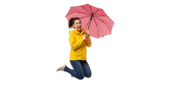 Joyful woman jumping with red umbrella for a cheerful autumn day feeling - Powered by Adobe
