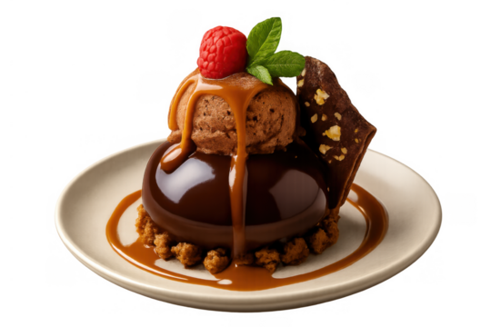 Chocolate dessert presenting a glossy dome with caramel, chocolate ice cream, raspberry, and mint on transparent background