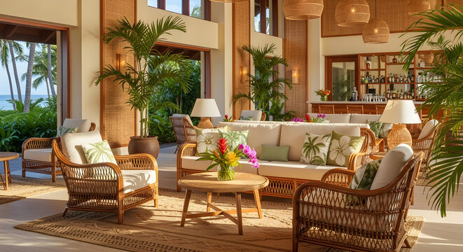 Interior view of a tropical resort lobby with wicker furniture, plants, and a bar in the background.