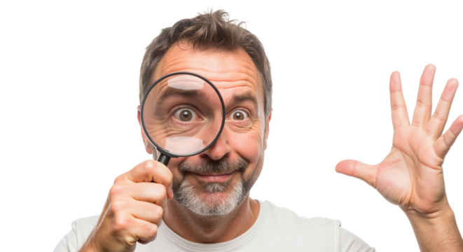 Middle aged man peering through magnifying glass with playful expression