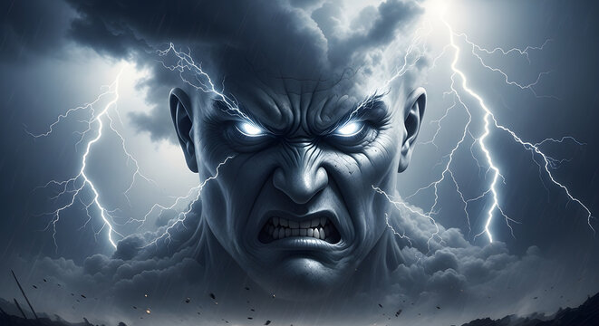 Angry storm god with lightning and clouds, digital art.
