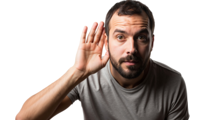 Man tries to overhear something while standing on a white background