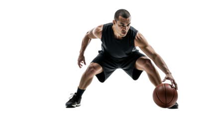 Focused basketball player dribbling a ball on an isolated white backdrop