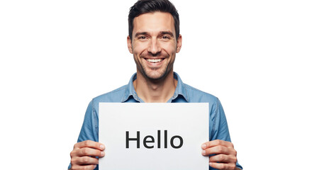 Smiling man holding hello sign on a white background message display