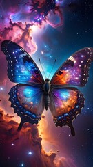A cosmic butterfly with galaxy wings floats amid colorful clouds and scattered stars