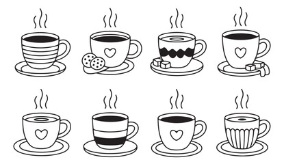Fototapeta premium Cute doodle-style hot drink cup vector set with cookies, sugar, and steam for cozy beverage design