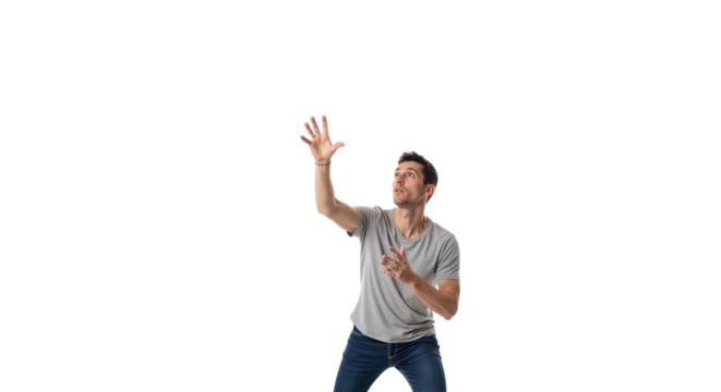 Man reaching upwards, looking up with curious expression on white canvas