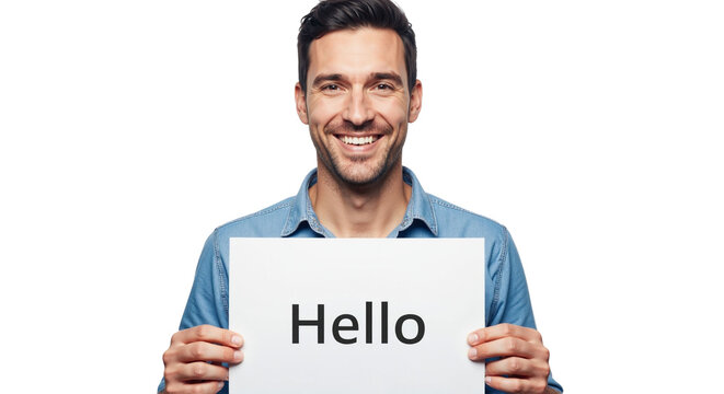 Smiling man holding hello sign on a white background message display