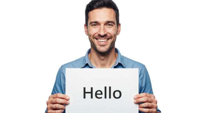 Smiling man holding hello sign on a white background message display