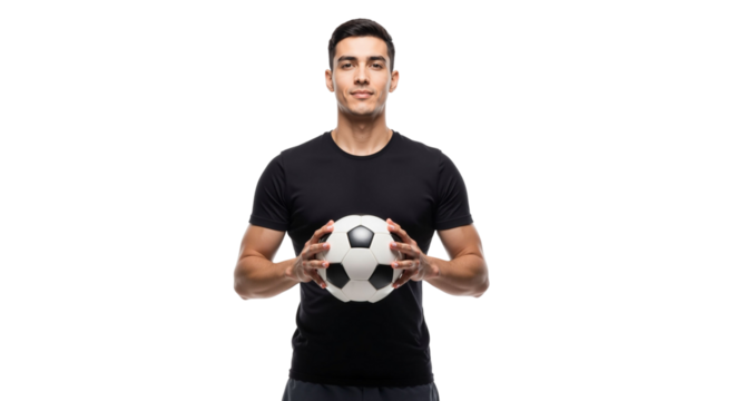 Confident soccer player holding classic football on a clean white backdrop