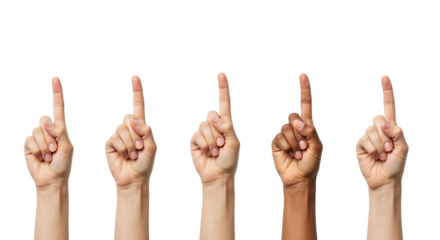 Diverse hands point upward symbolizing unity, direction, and reaching goals