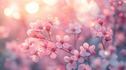 Soft pink floral background with glowing bokeh lights. Dreamy and romantic spring atmosphere ideal for design, greeting cards and feminine themes