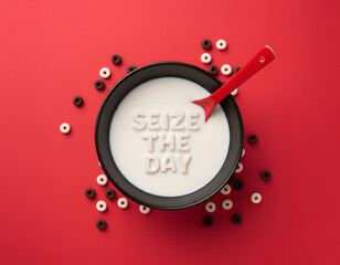 Naklejka premium “Seize the Day” Cereal Letters in Milk Bowl on Bold Red Background