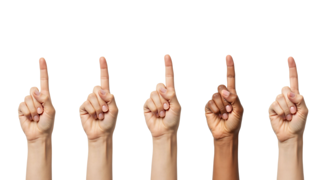 Diverse hands point upward symbolizing unity, direction, and reaching goals - Powered by Adobe