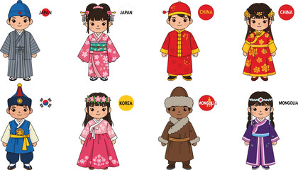 Cartoon children in traditional Asian clothing, Japan, China, Korea, Mongolia, cultural diversity, ethnic costume, heritage, education, celebration, illustration