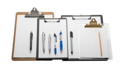 Office Stationery Composition with Clipboards and Writing Instruments on White