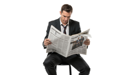Attentive businessman absorbed in reading news on a newspaper on white backdrop