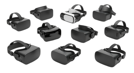 Set of virtual reality headsets in various orientations for digital design