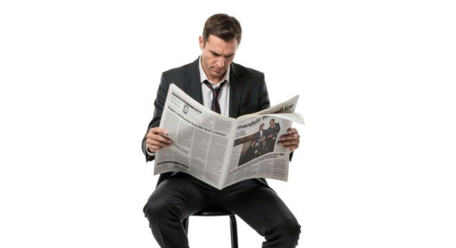 Attentive businessman absorbed in reading news on a newspaper on white backdrop