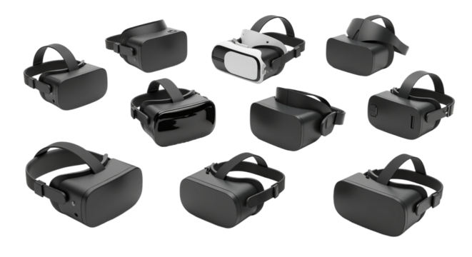 Set of virtual reality headsets in various orientations for digital design