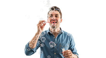 Man blowing bubbles with a wand creating a whimsical atmosphere