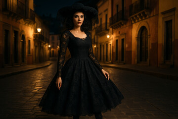 Fototapeta premium Elegant Catrina woman on the colonial streets of Guanajuato at night, inspired by Mexico’s Day of the Dead /Mujer Catrina elegante en las calles coloniales de Guanajuato