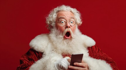 surprised funny amazed old bearded santa claus wearing costume holding cell phone using mobile app on smartphone shocked by christmas promotion xmas applications ads isolated on red background no log