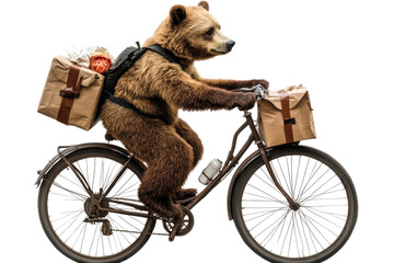 Bear delivers mail on a bicycle in a charming urban setting, showcasing a playful scene of wildlife engaging in human activities