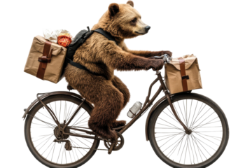 Bear delivers mail on a bicycle in a charming urban setting, showcasing a playful scene of wildlife engaging in human activities