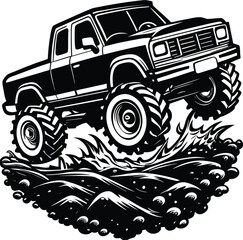 Black and white monster truck leaping over water splashes © Ghum