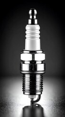 A close-up shot of a spark plug, centered, highlighting its ceramic and metal parts