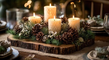 a rustic christmas centerpiece featuring candles pinecones and evergreen branches arranged on a wooden slice creating a cozy and festive atmosphere on a dining table