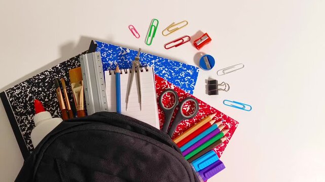 Back to school essentials flowing from a backpack, showcasing art supplies, notebooks, and stationery, perfect for educational content and creative projects, a dynamic learning scene