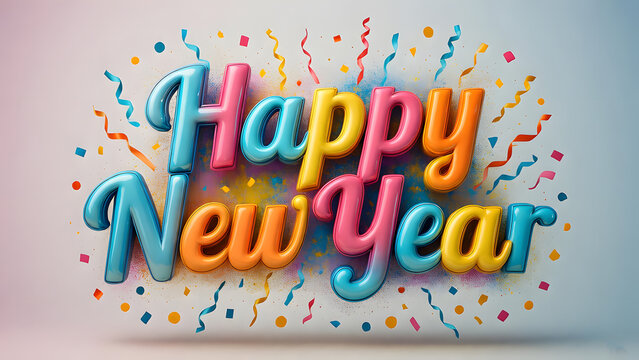 Happy New Year 2026 &ndash; Vibrant 3D Colorful Celebration Text with Confetti