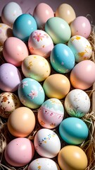 A close-up shot of pastel colored Easter eggs with floral designs resting in a straw basket