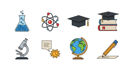 Colorful educational icons with graduation cap, microscope, and globe