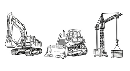 Fototapeta premium Heavy construction equipment set: excavator, bulldozer, tower crane in detailed sketch art