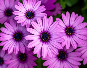 A close-up shot of multiple vibrant purple daisies with dark blue centers and yellow stamen