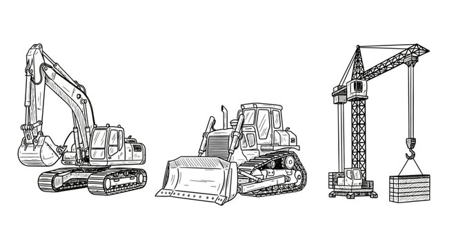 Heavy construction equipment set: excavator, bulldozer, tower crane in detailed sketch art