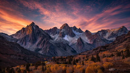 Dramatic sunset illuminates snowcapped mountain peaks, casting vibrant colors across the sky and highlighting autumn trees below