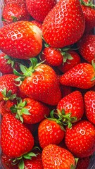 A close-up shot shows a vibrant pile of ripe, red strawberries with green stems