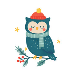 Cute Owl in Winter Hat Christmas Illustration