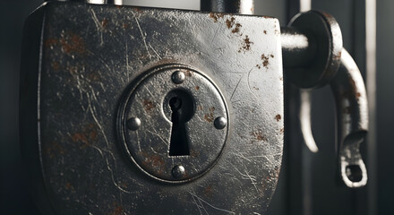 Close-up of an old, weathered metal lock with visible rust and wear.