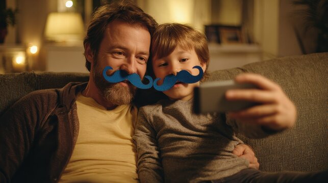 people family and technology concept happy father and little son with mustaches party props taking selfie by smartphone sitting on sofa at home in evening no logos no brands ar 169